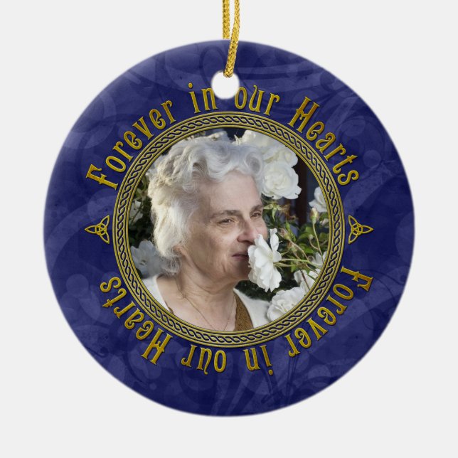 Celtic Knot Navy Blue Memorial Photo Christmas Ceramic Tree Decoration (Front)