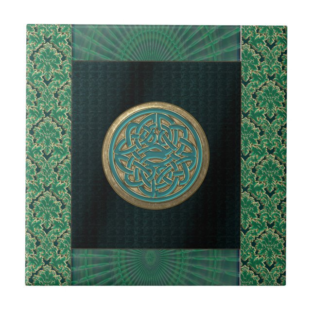 Celtic Knot on Black and Green Brocade Pattern Tile (Front)