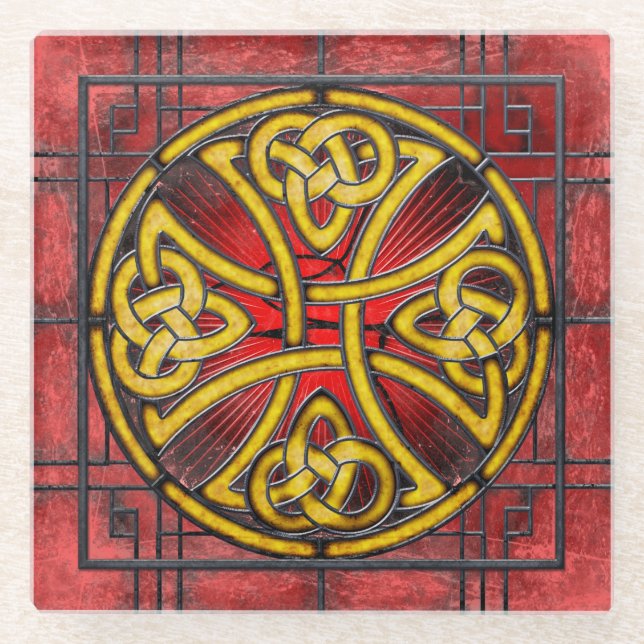 Celtic Knot on Red Stained-Glass Coaster (Front)