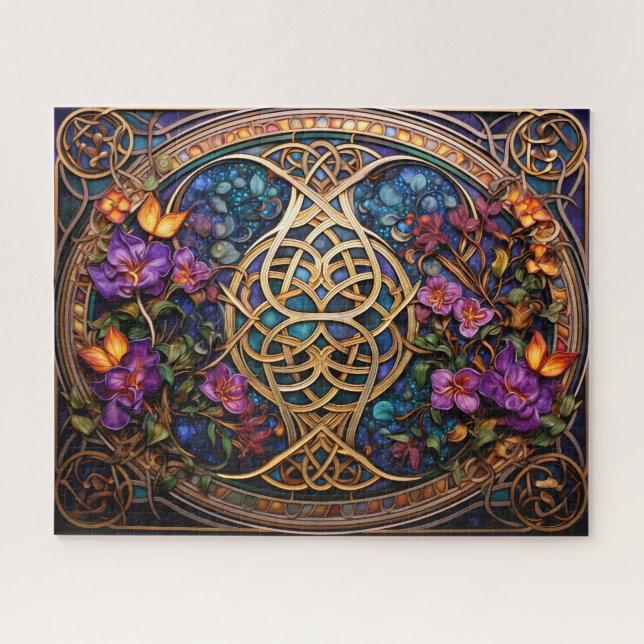 Celtic Knot Purple Gold Flowers Knotwork Jigsaw Puzzle (Horizontal)
