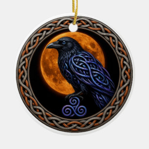 Celtic Knot Raven and Harvest Moon Halloween Ceramic Tree Decoration