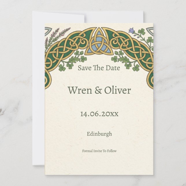 Celtic Knot Save the Date Card | Scottish Irish He (Front)