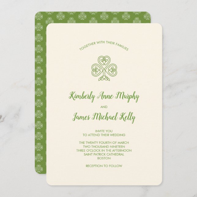 Celtic Knot Shamrock Wedding Ivory Invitation (Front/Back)