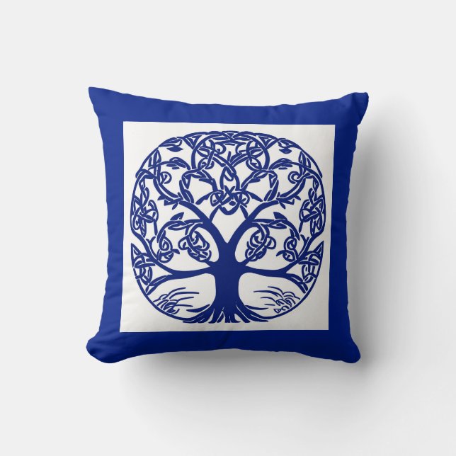 Celtic Knot Tree of Life Blue on White Cushion (Front)