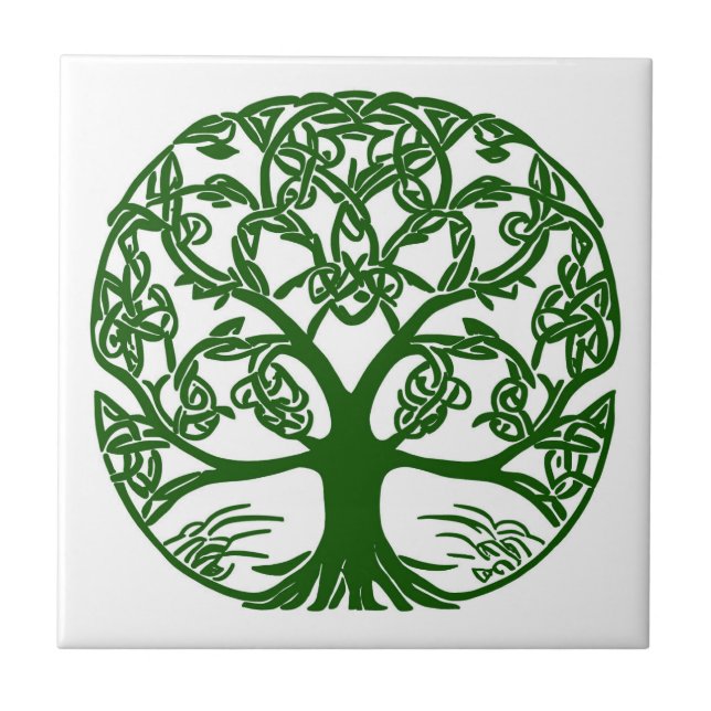 Celtic Knot Tree of Life Green on White Tile (Front)