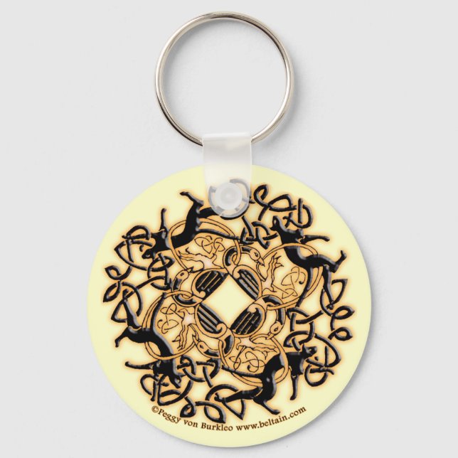 Celtic Knotwork Cats Keychain, White Key Ring (Front)