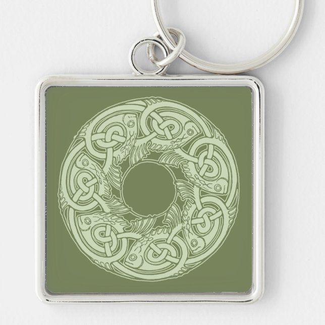 Celtic Knotwork Fish Design in Green Key Ring (Front)
