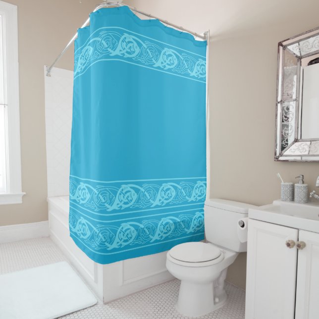 Celtic Knotwork Fish in Blue Shower Curtain (In Situ)