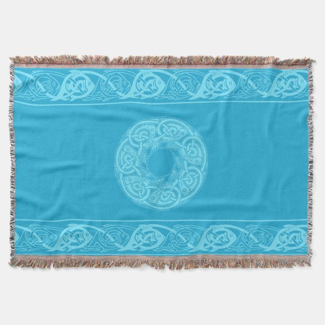 Celtic Knotwork Fish in Blue Throw Blanket (Front)