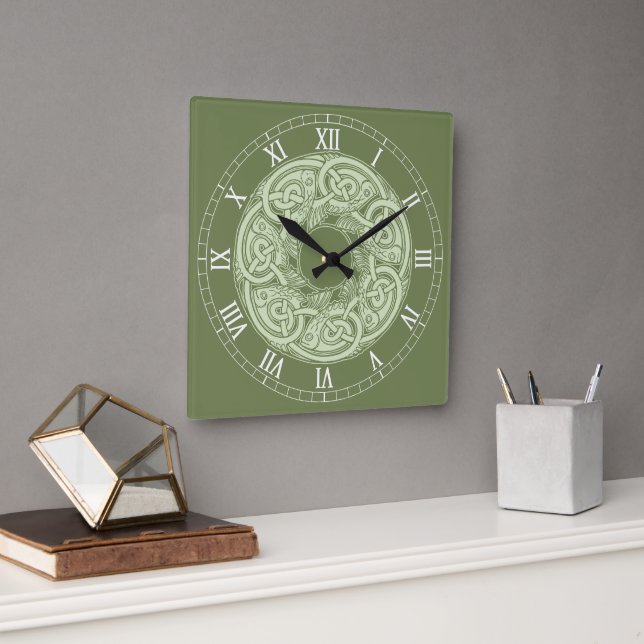 Celtic Knotwork Fish in Green Square Wall Clock (Office)