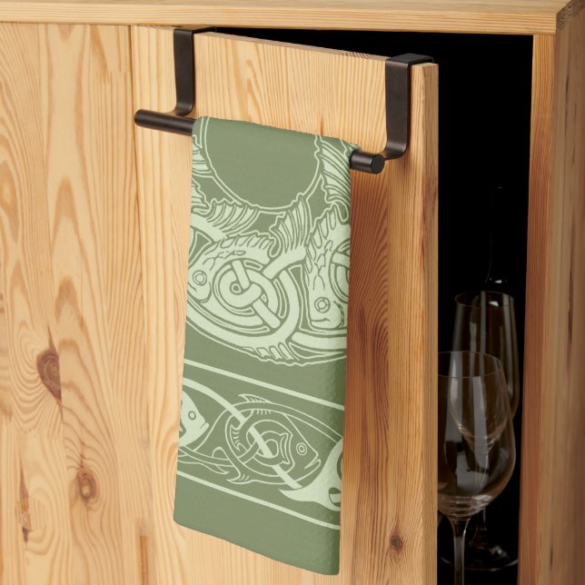 Celtic Knotwork Fish in Green Tea Towel (Thirds Fold)