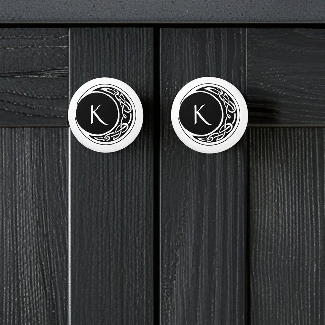 Celtic Knotwork Moon Circle Monogram Black White Ceramic Knob (Creator Uploaded)