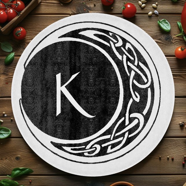 Celtic Knotwork Moon Circle Monogram Black White Cutting Board (Creator Uploaded)