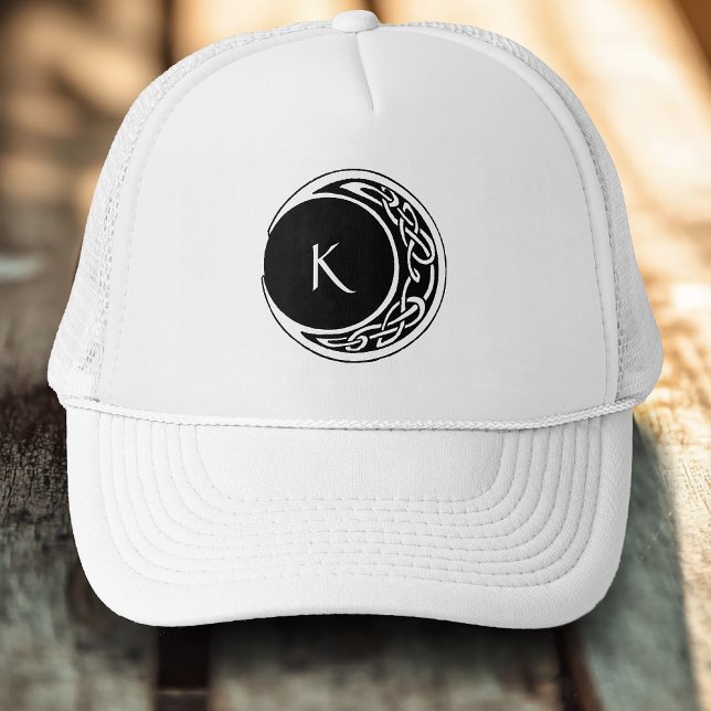 Celtic Knotwork Moon Circle Monogram Black White Trucker Hat (Creator Uploaded)