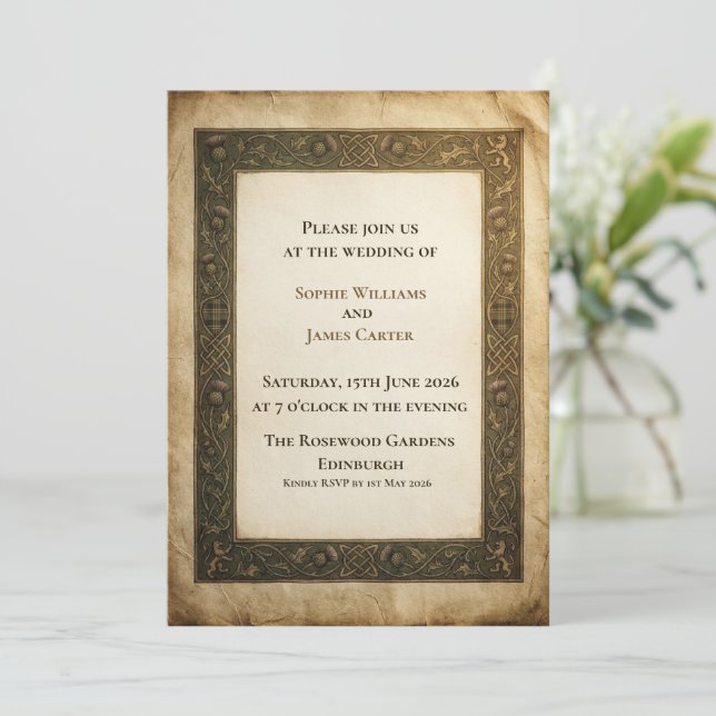 Celtic Knotwork Parchment Wedding Invitation (Standing Front)