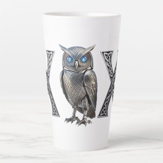 Celtic Mechanical Owl Silver Steampunk Latte Mug (Front)