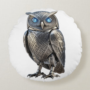 Celtic Mechanical Owl Silver Steampunk Round Cushion