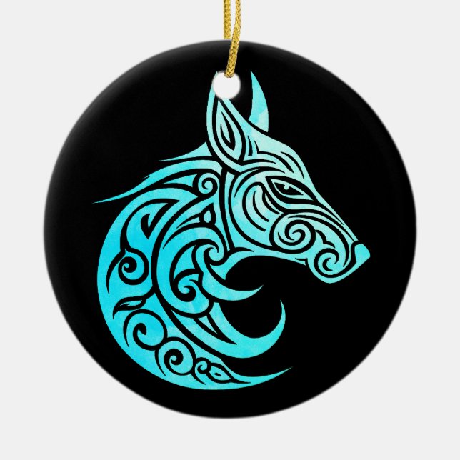 Celtic Nordic Winter Fox Ceramic Tree Decoration (Front)