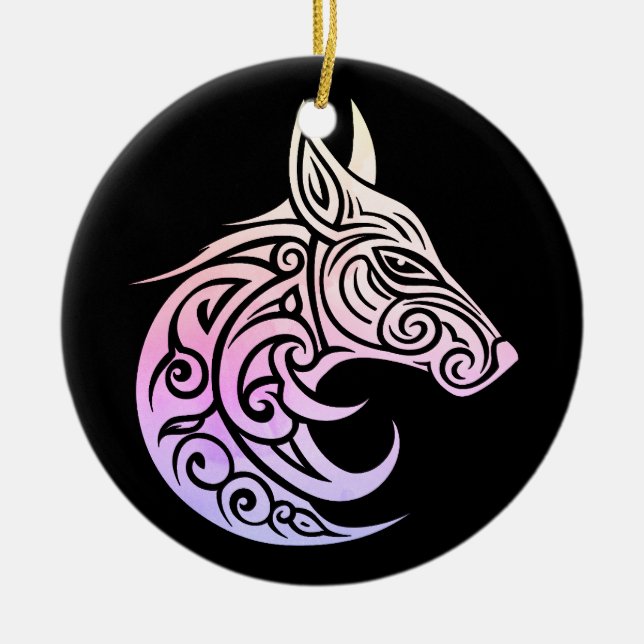 Celtic Nordic Winter Fox Ceramic Tree Decoration (Front)