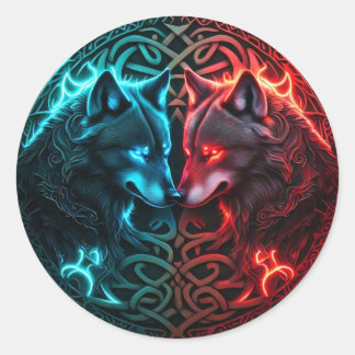 Celtic Red and Blue Wolf Round Sticker