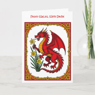 Celtic Red Dragon Holding a Daffodil Card