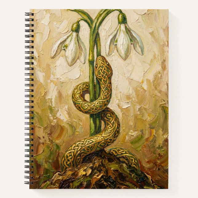 Celtic Snake Snowdrops Imbolc Rebirth Fantasy Art Notebook (Front)