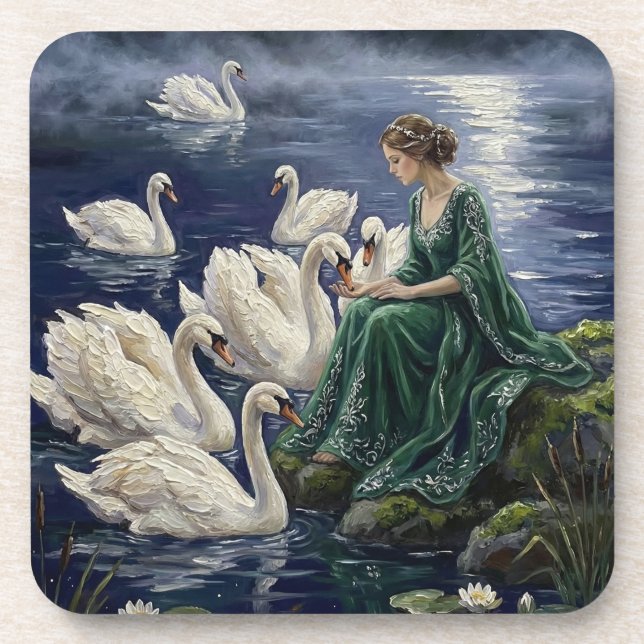 Celtic Swans Moonlit Lake Night Fantasy Art Coaster (Front)