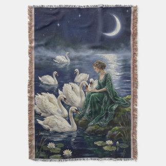Celtic Swans Moonlit Lake Night Fantasy Art Throw Blanket