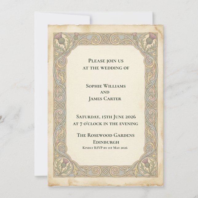 Celtic Thistle Parchment Wedding Invitation (Front)
