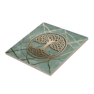 Celtic Tree of Life Sage Marble Gold Crann Bethadh Tile