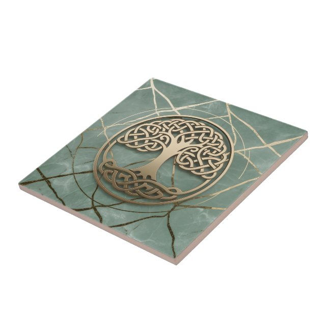 Celtic Tree of Life Sage Marble Gold Crann Bethadh Tile (Side)