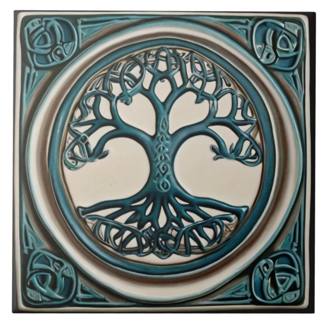 Celtic Tree of Life Teal Faux Relief Celtic Tile (Front)