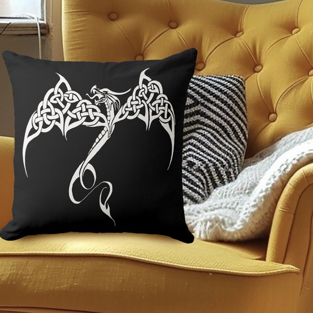 Celtic Tribal Dragon Knotwork Black White Fantasy Cushion (Creator Uploaded)