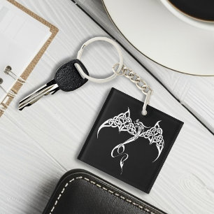 Celtic Tribal Dragon Knotwork Black White Fantasy Key Ring