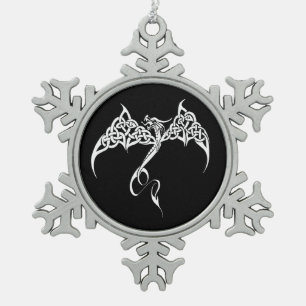Celtic Tribal Dragon Knotwork Black White Fantasy Snowflake Pewter Christmas Ornament