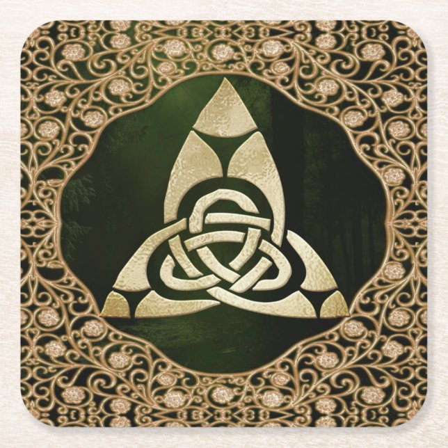 Celtic Trinity Knot on Forest Shadows  Square Paper Coaster (Front)