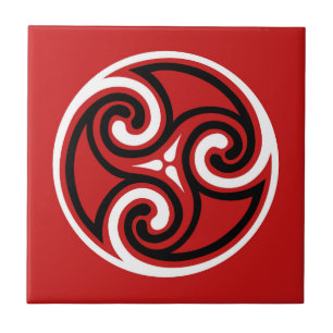 Celtic Triskele Ornament, Red, Black and White Tile