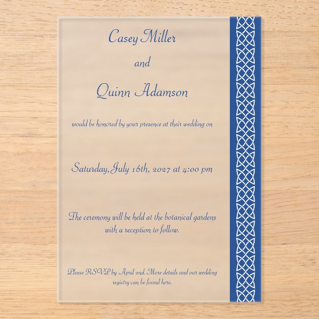 Celtic Weave Hearts in Blue Acrylic Wedding  Invitations (Front)