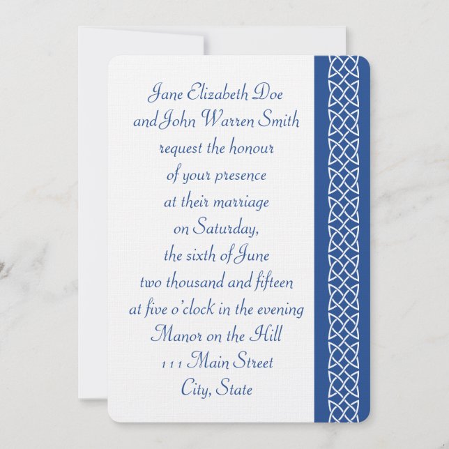 Celtic Weave Hearts in Blue Wedding Invitation (Front)