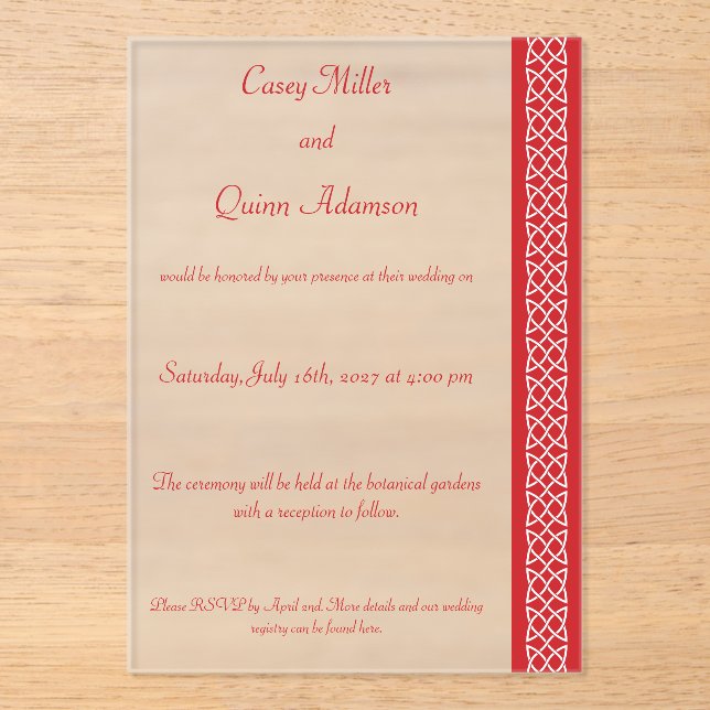 Celtic Weave Hearts in Cherry Acrylic Wedding  Invitations (Front)