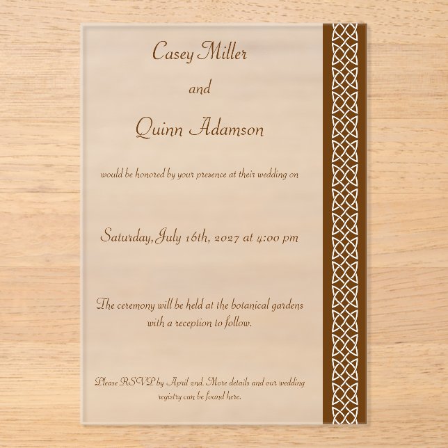 Celtic Weave Hearts in Chocolate Acrylic Wedding  Invitations (Front)