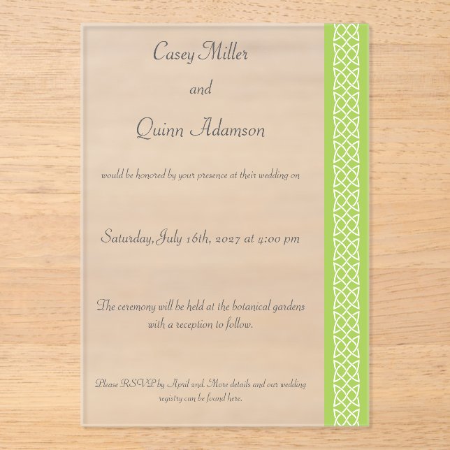 Celtic Weave Hearts in Peridot Acrylic Wedding  Invitations (Front)