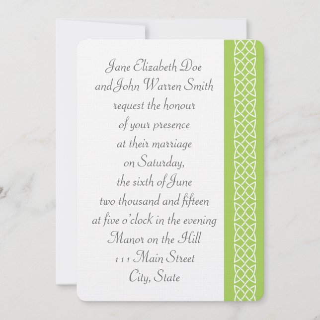 Celtic Weave Hearts in Peridot Wedding Invitation (Front)