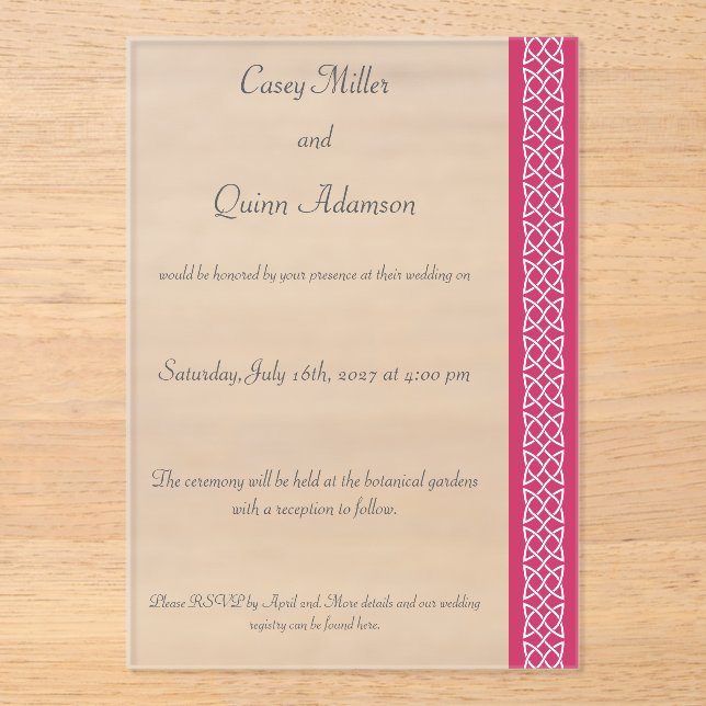 Celtic Weave Hearts in Raspberry Acrylic Wedding  Invitations (Front)