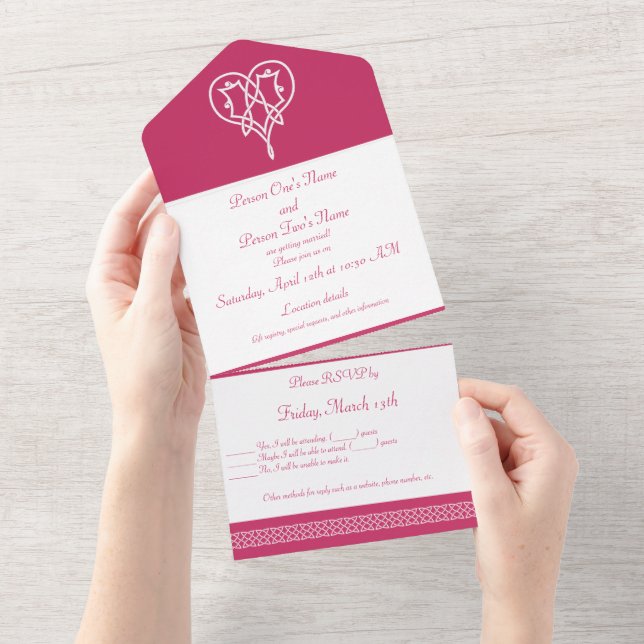 Celtic Weave Hearts in Raspberry All In One Invitation (Tearaway)