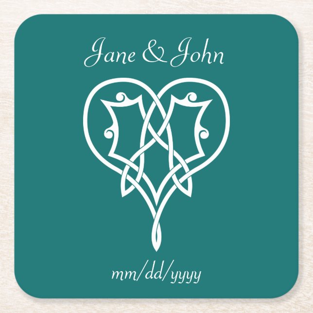 Celtic Weave Hearts in Teal Paper Coaster (Front)
