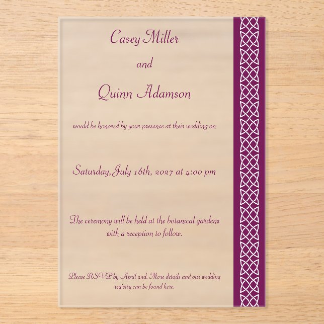 Celtic Weave Hearts in Wine Acrylic Wedding  Invitations (Front)