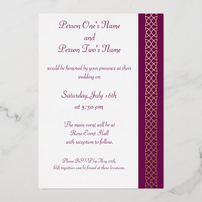 Celtic Weave Hearts in Wine Foil Invitation (Front)
