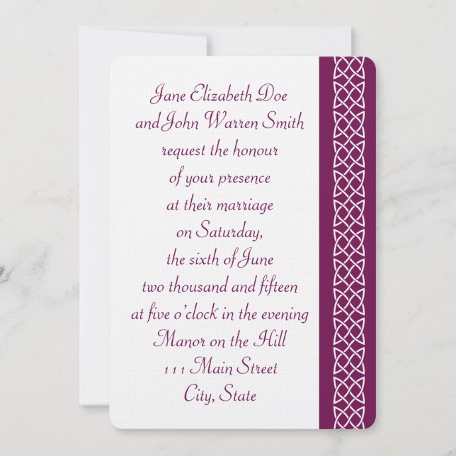 Celtic Weave Hearts in Wine Wedding Invitation (Front)