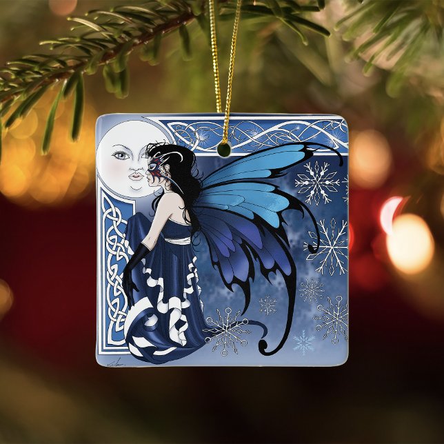 Celtic Winter Moon Fairy Blue Snowflakes Fantasy Ceramic Ornament (Creator Uploaded)